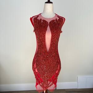 ALGIST Women's Beaded Embellished Mini Dress Size XS/S In Red